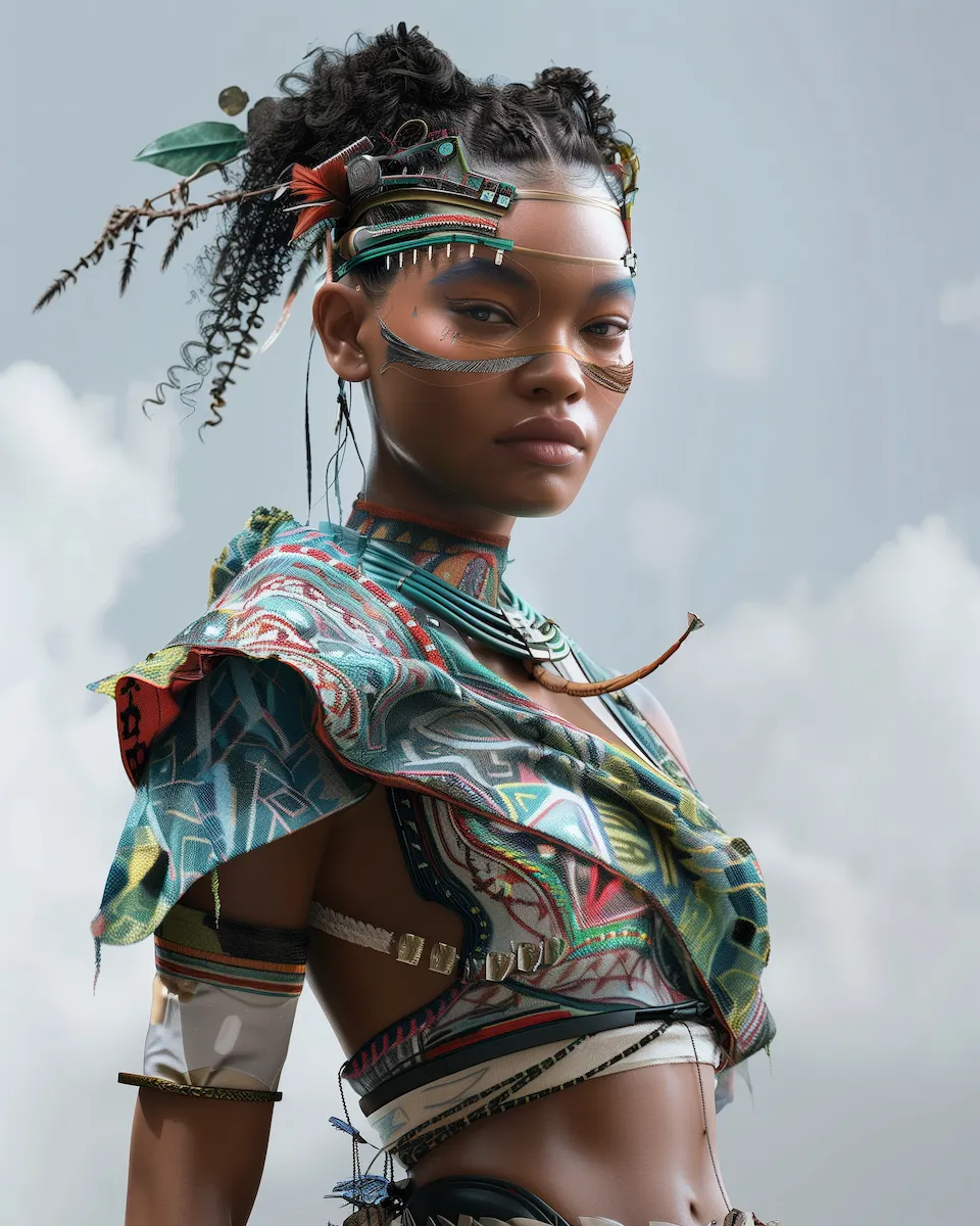 A model dressed in futuristic clothing inspired by the indigenous cultures of the Amazon rainforest.